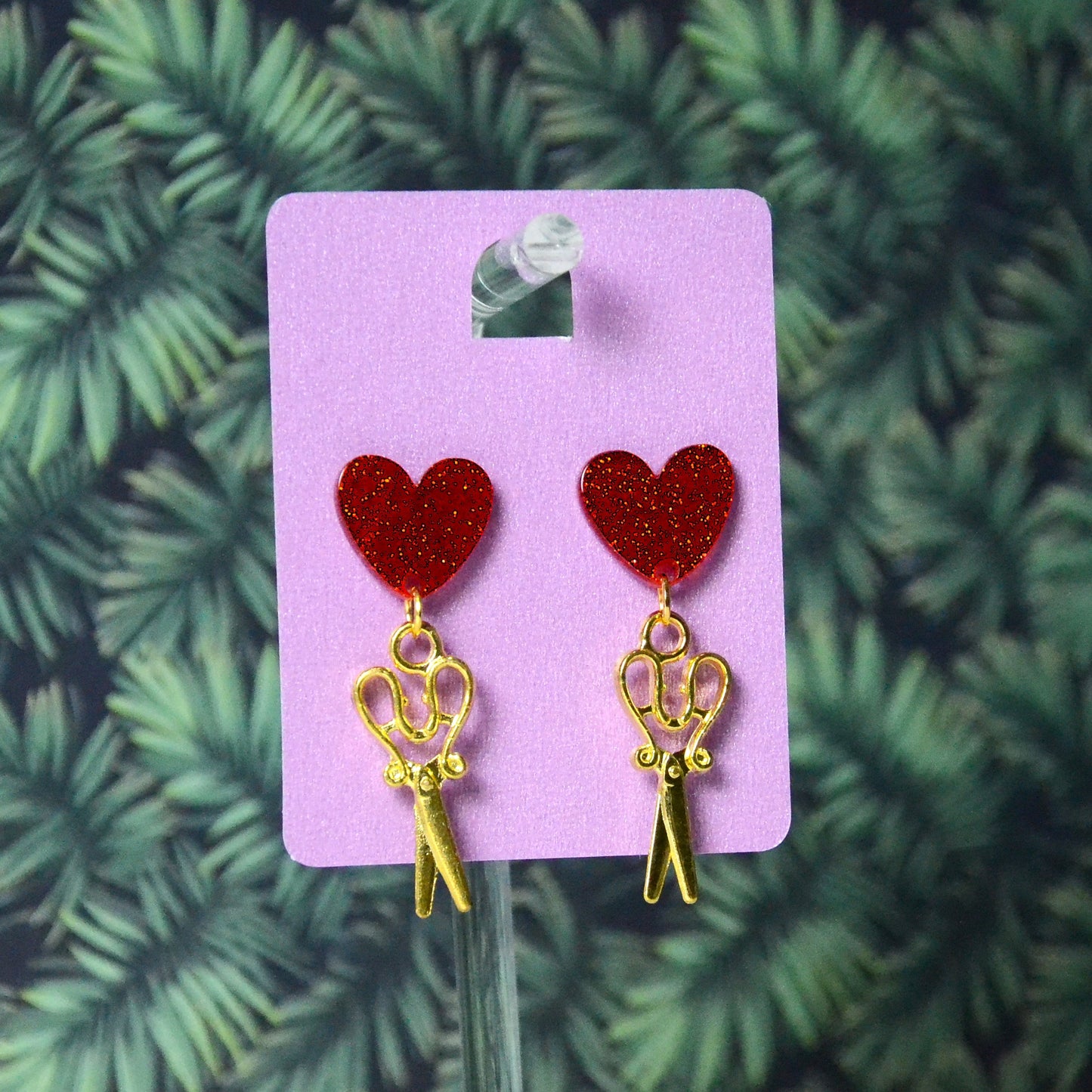 Boucles d'oreilles - Ciseaux dorés - cœur rouge