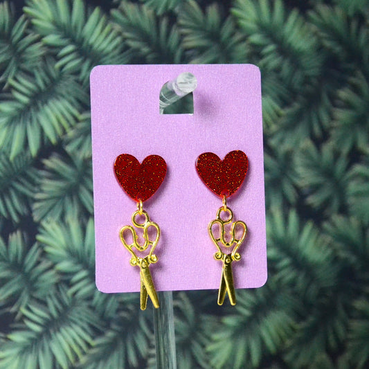 Boucles d'oreilles - Ciseaux dorés - cœur rouge
