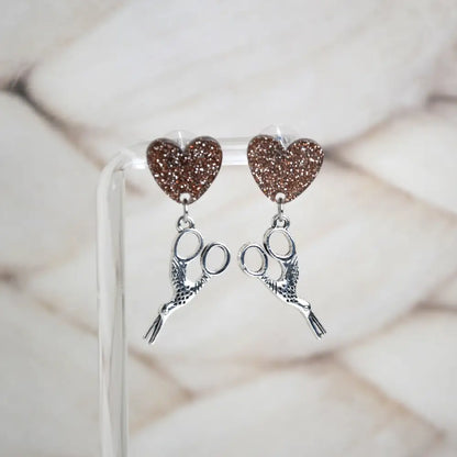 Boucles D’oreilles Ciseaux Oiseaux Cœur Noir