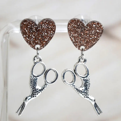 Boucles D’oreilles Ciseaux Oiseaux Cœur Noir