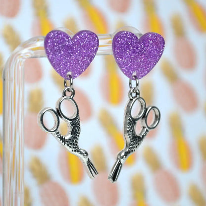 Boucles D’oreilles Ciseaux Oiseaux Cœur Violet ❤️